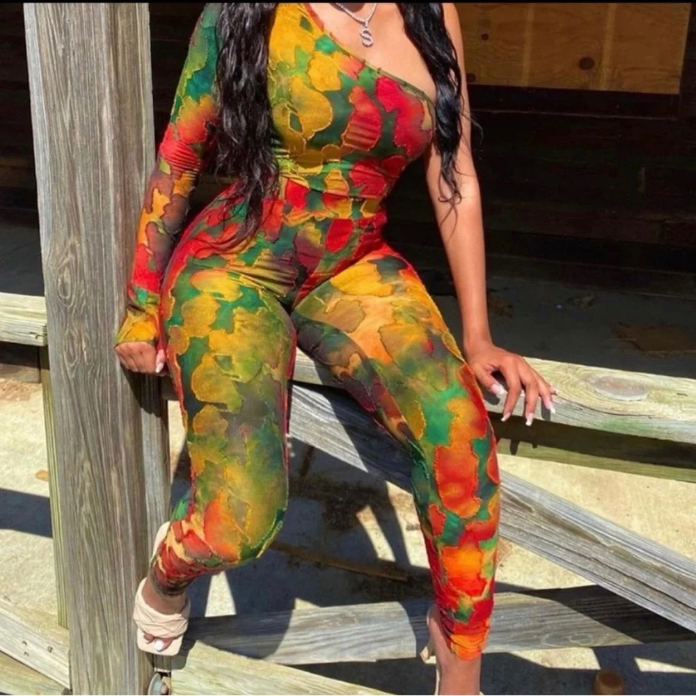 Asymmetrical One-Shoulder Floral Print Two Piece Set - Multicolor - Picture 3 of 3